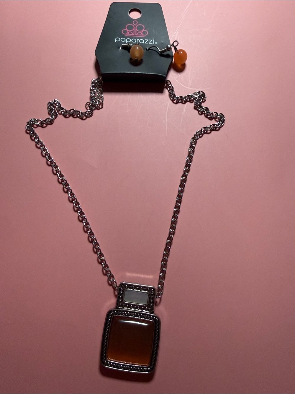 Paparazzi Silver-Tone Necklace and Earrings with Amber Brown Stones